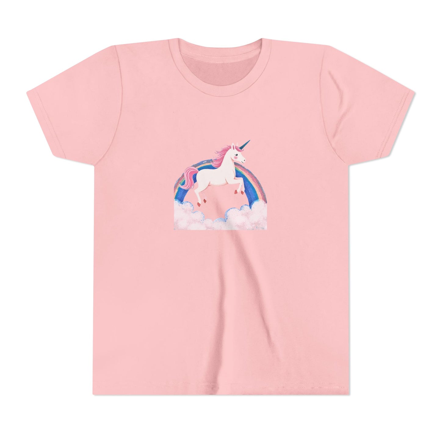 Pink t-shirt with a unicorn and rainbow design on a white background