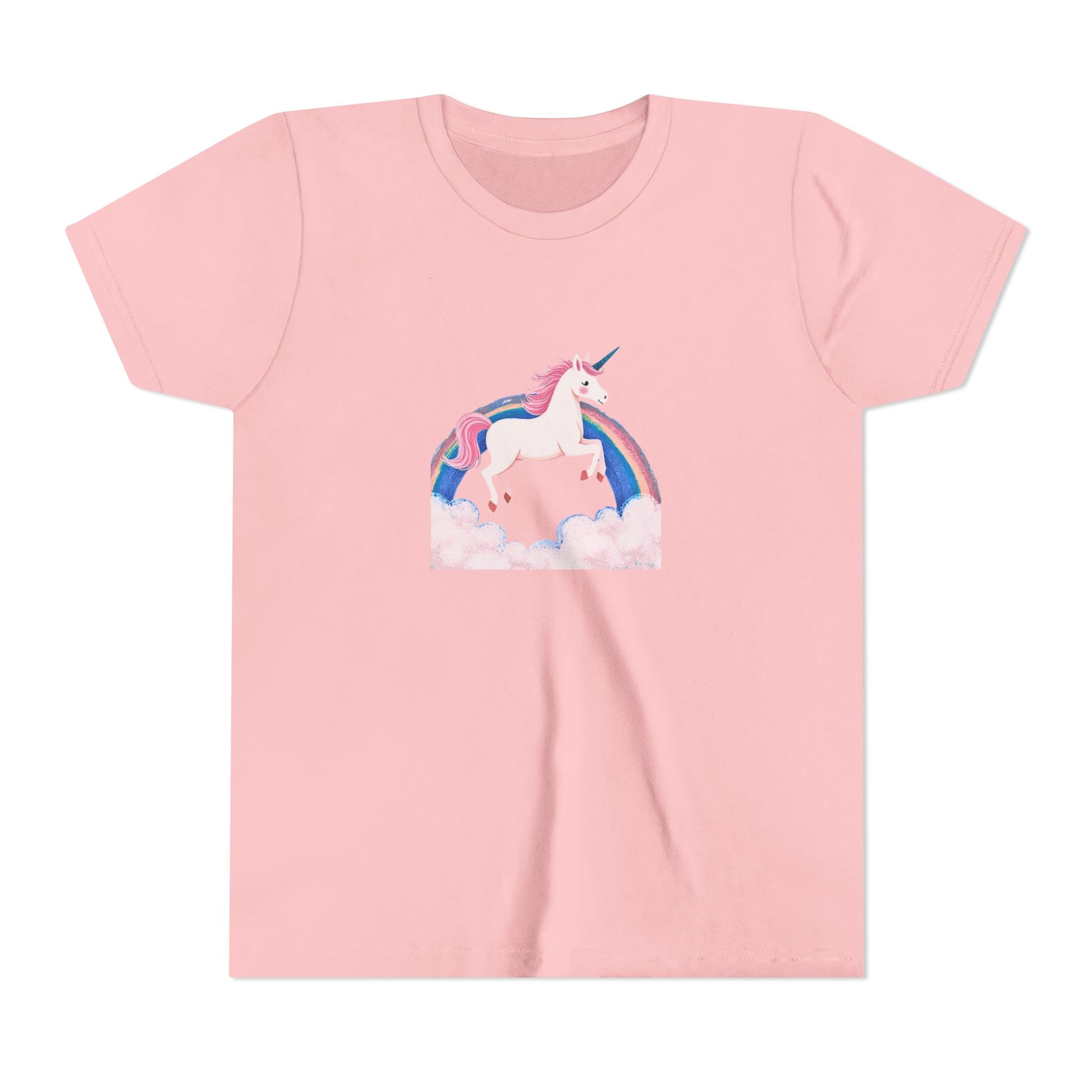 Pink t-shirt with a unicorn and rainbow design on a white background