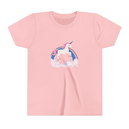 Pink t-shirt with a unicorn and rainbow design on a white background
