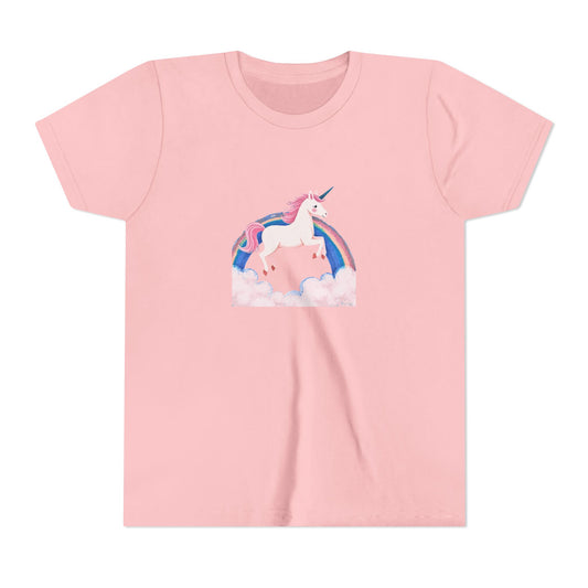 Pink t-shirt with a unicorn and rainbow design on a white background