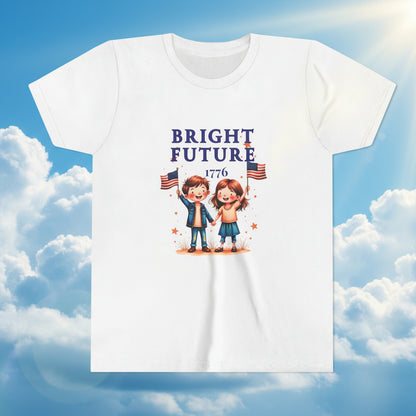 White t-shirt with 'Bright Future 1776' design featuring two children holding American flags on a white background.