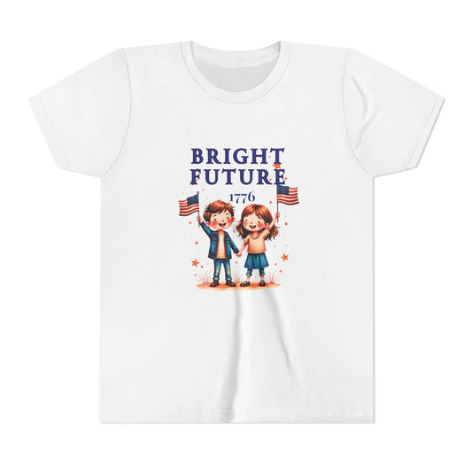 White t-shirt with 'Bright Future 1776' design featuring two children holding American flags on a white background.
