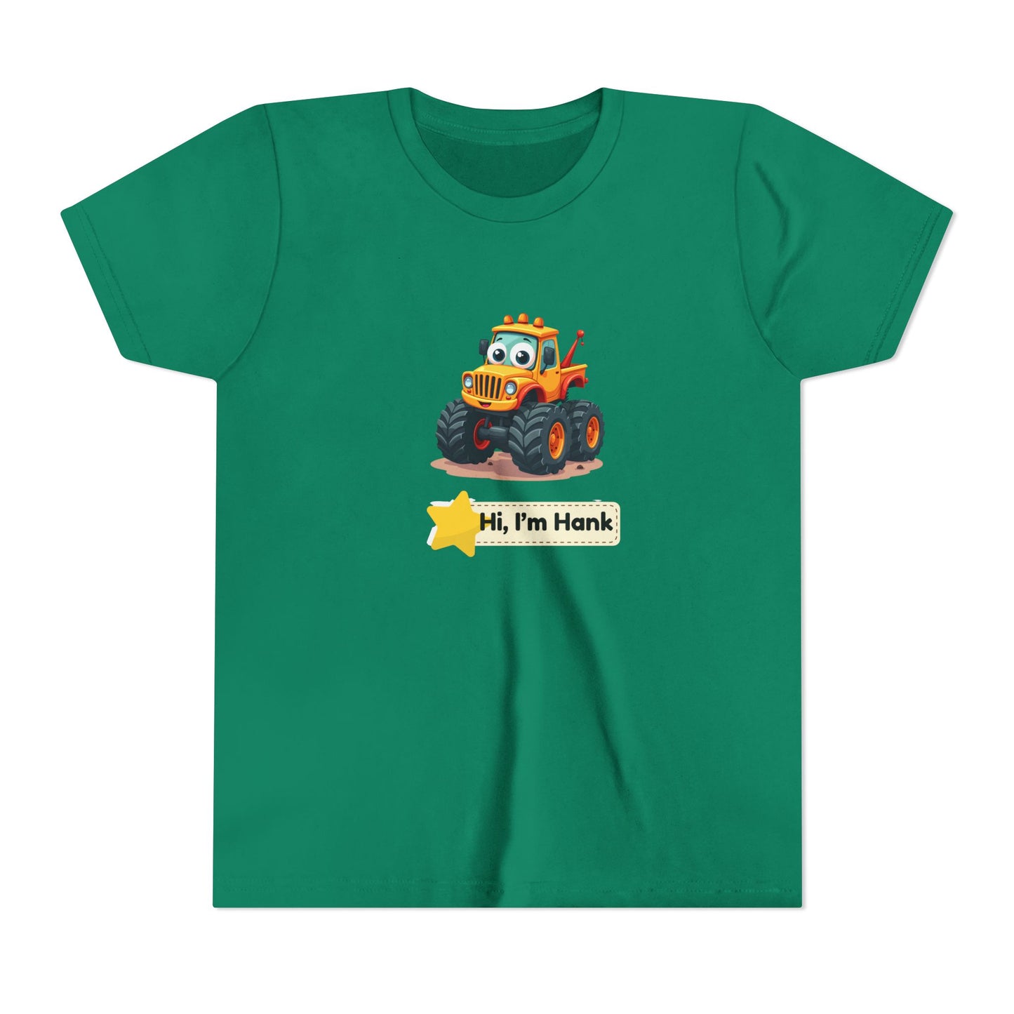 A green short-sleeve crewneck t-shirt featuring a cartoon graphic of a cheerful yellow/ orange monster tires truck with the text 'Hi, I'm Hank' on a yellow star banner.