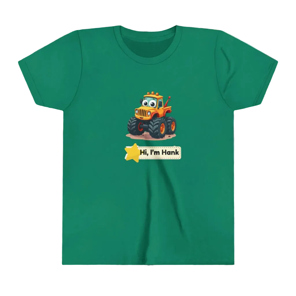 A Kelly green kid's short-sleeve crewneck t-shirt featuring a cartoon graphic of a cheerful yellow/ orange monster tire truck with the text 'Hi, I'm Hank' on a yellow star banner.