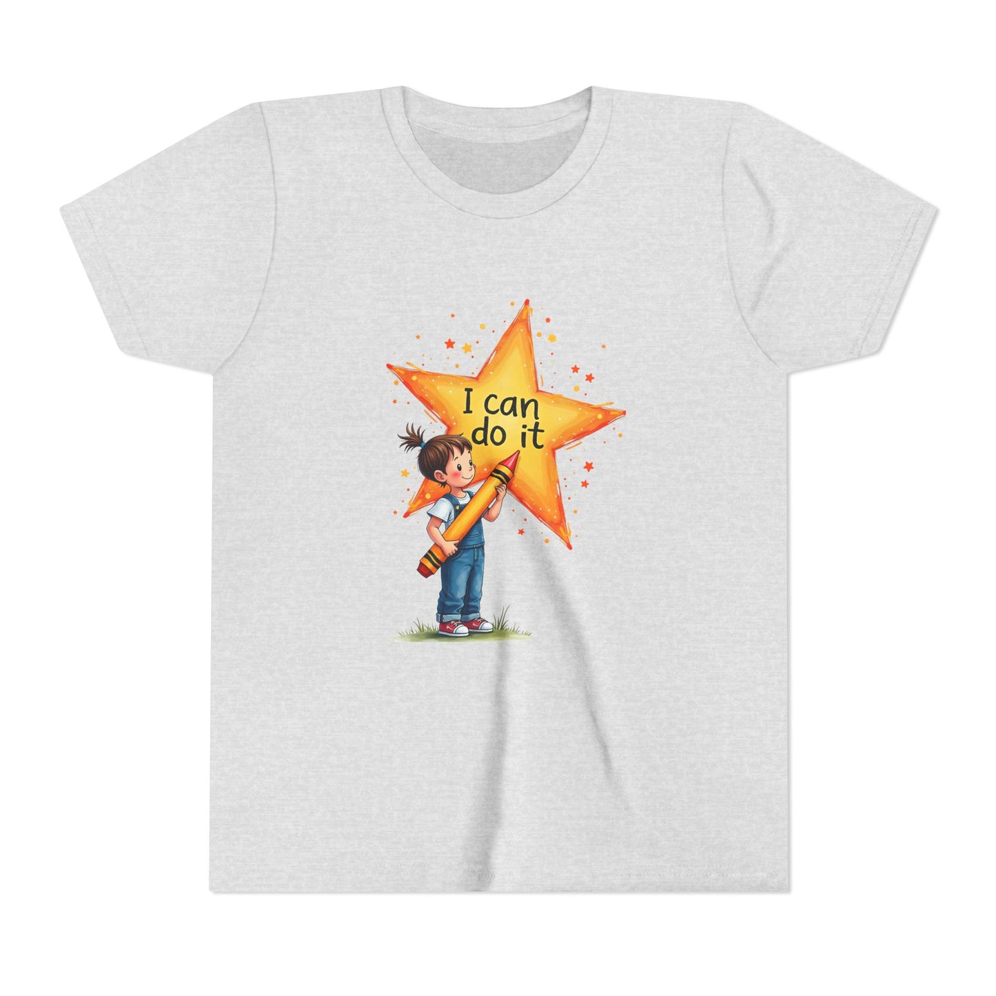 Ash t-shirt with a colorful graphic of a child holding a star with 'I can do it' text on a white background.