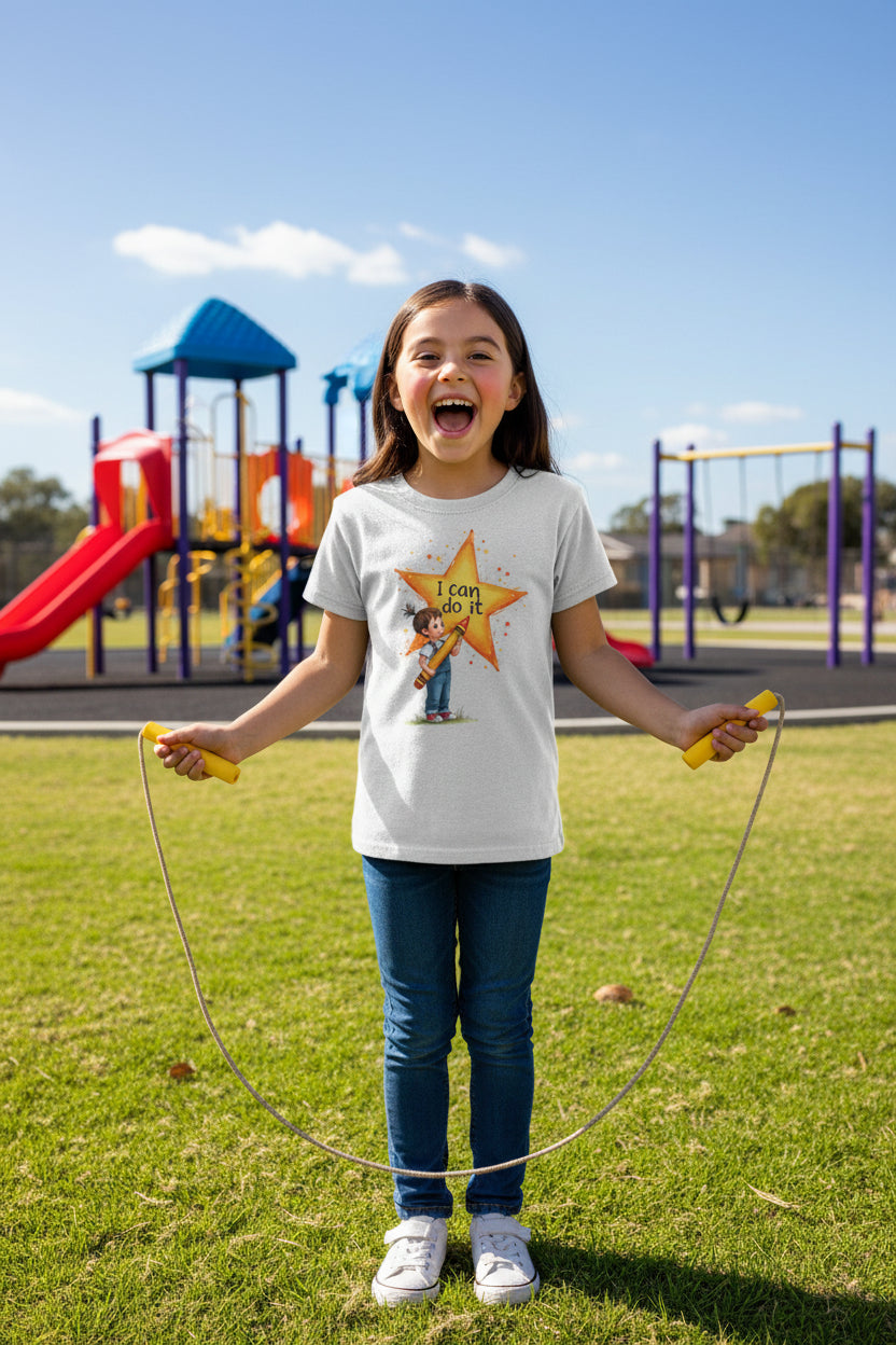 Ash t-shirt with a colorful graphic of a child holding a star with 'I can do it' text on a white background.