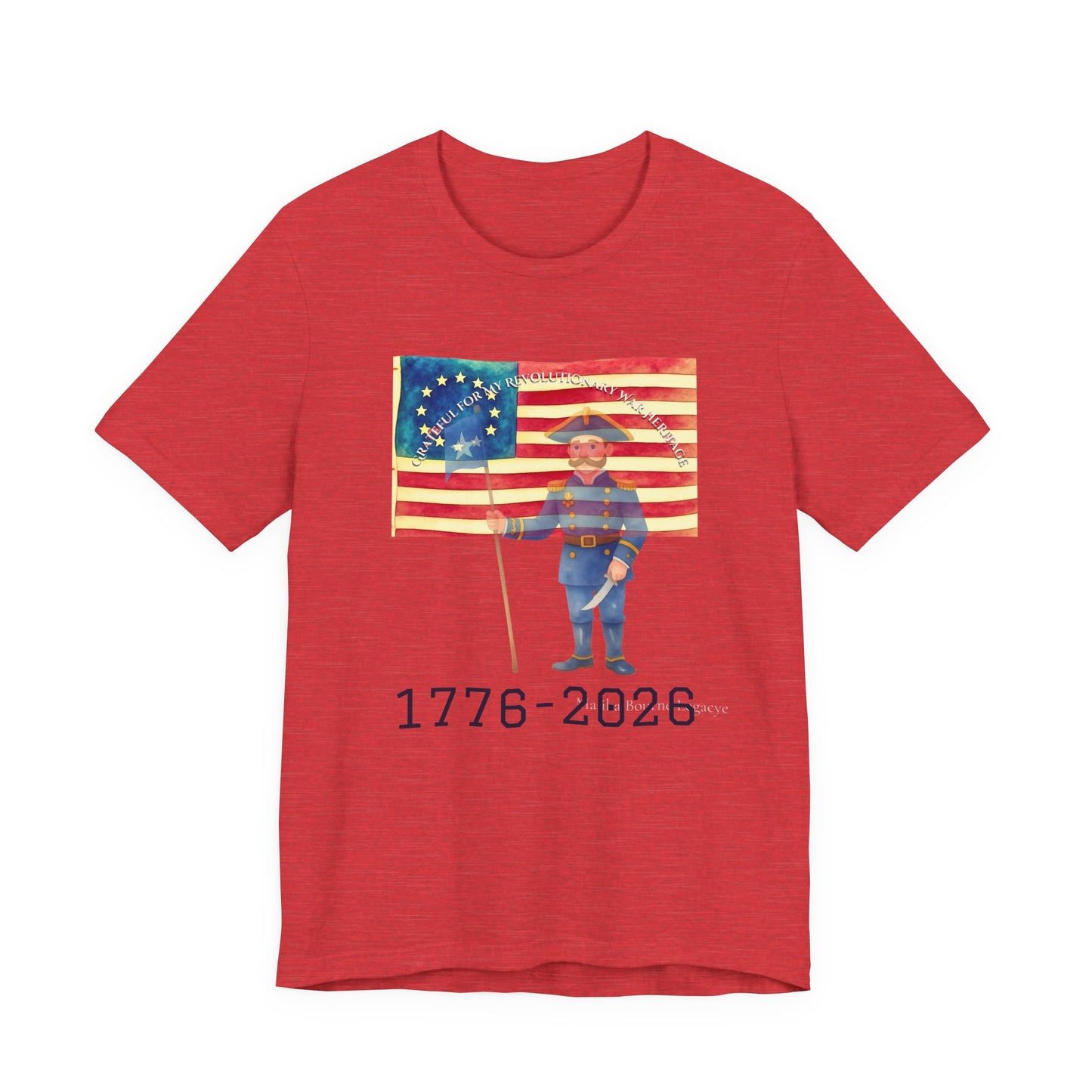 Red t-shirt with a graphic of a person holding a flag and the text '1776-2026' on a white background.