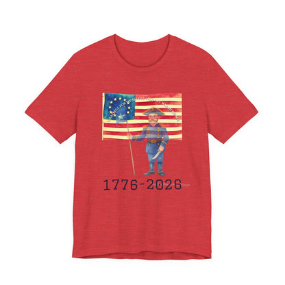 Red t-shirt with a graphic of a person holding a flag and the text '1776-2026' on a white background.