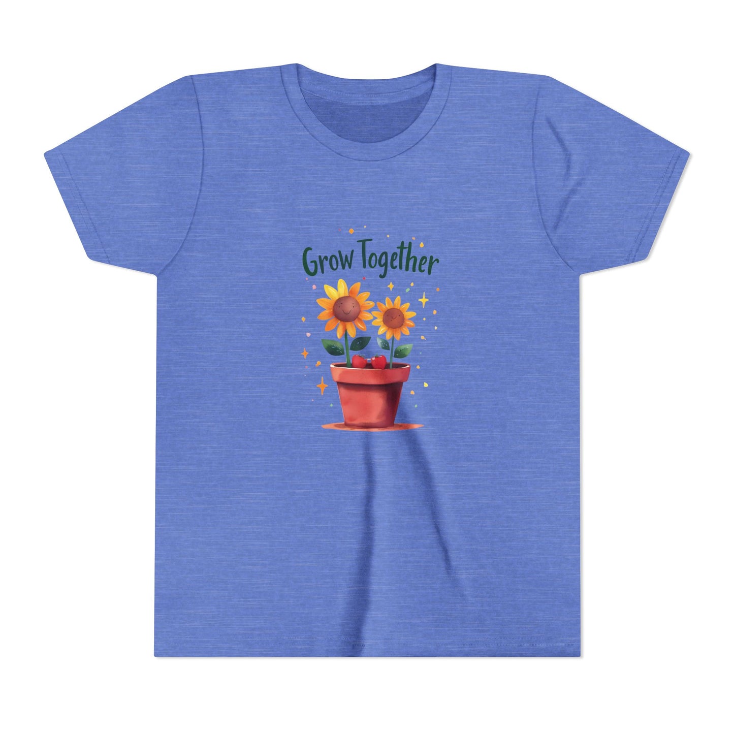 Blue t-shirt with a graphic of potted sunflowers and 'Grow Together' text on a white background