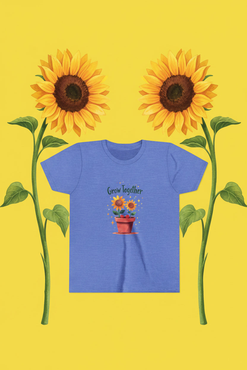 Blue t-shirt with a graphic of potted sunflowers and 'Grow Together' text on a yellow background. Two large sunflowers grow up the sides.