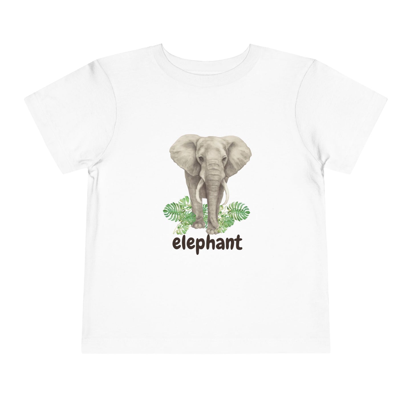 White t-shirt with an elephant graphic and the word 'elephant' on a white background