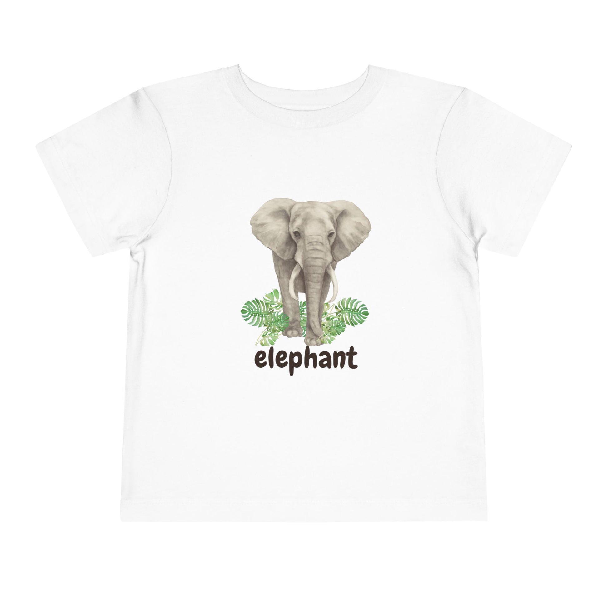 White t-shirt with an elephant graphic and the word 'elephant' on a white background