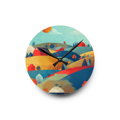 Round clock with colorful landscape design on a white background