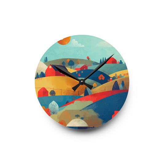Round clock with colorful landscape design on a white background