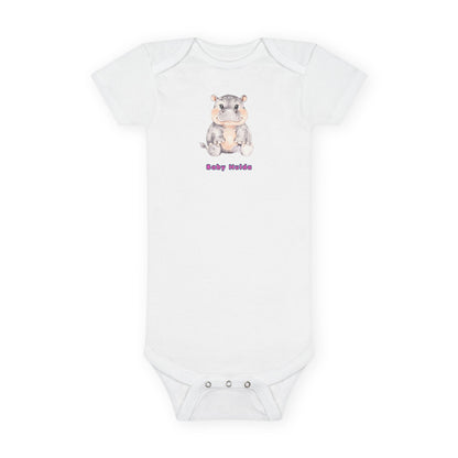 White baby onesie with a cartoon hedgehog design and 'Baby Nuts' text on a white background