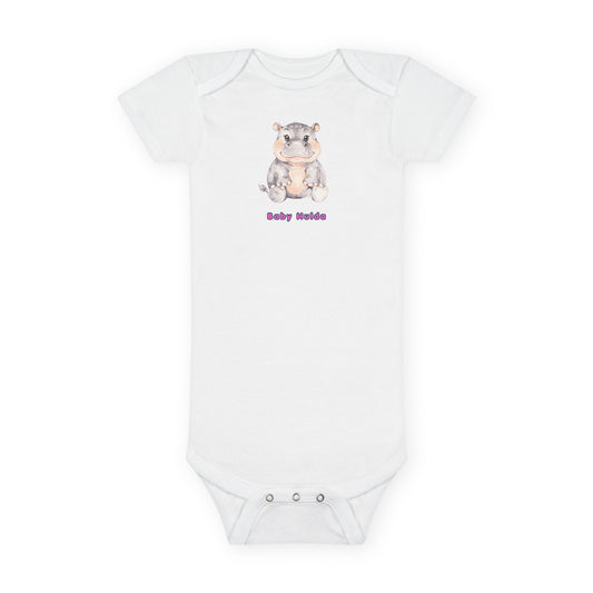 White baby onesie with a cartoon hedgehog design and 'Baby Nuts' text on a white background