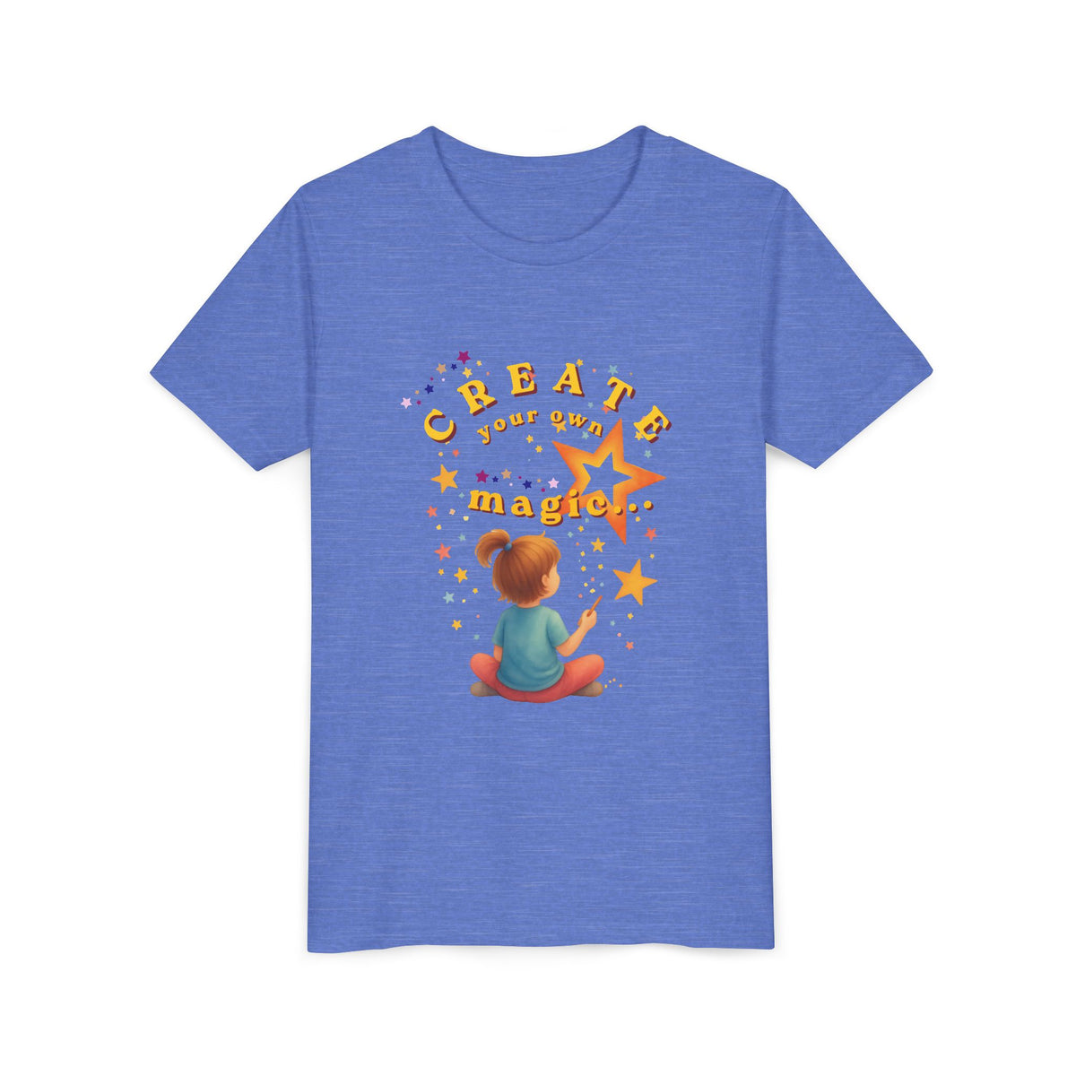 Blue t-shirt with a child and stars graphic and 'Create your own magic!' text on a white background