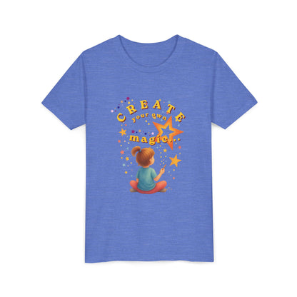 Blue t-shirt with a child and stars graphic and 'Create your own magic!' text on a white background