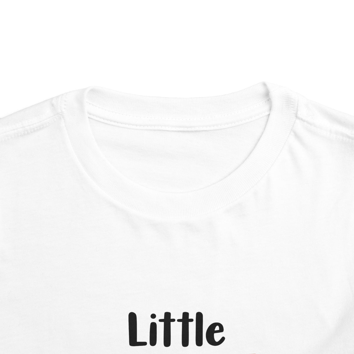 Close-up of a white short-sleeve tagless t-shirt showing the crew neck and the black text 'Little' printed on the chest.