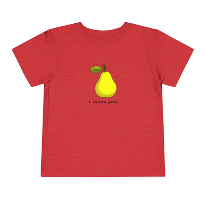 A red short-sleeve crewneck t-shirt featuring a graphic of a yellow pear with a green leaf and the text '1 yellow pear' printed below it, displayed on a solid white background.
