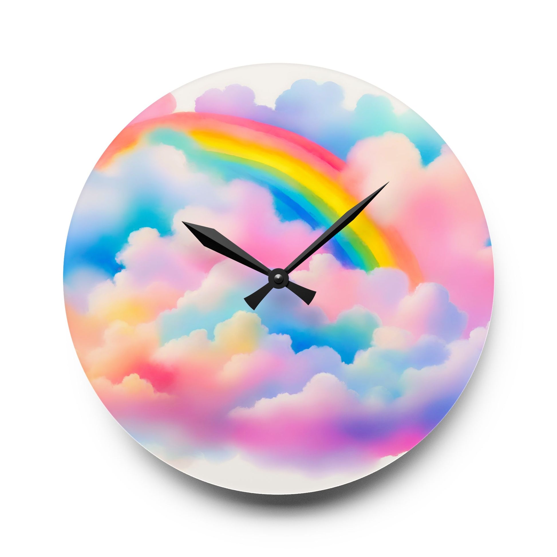 Round clock with a colorful design of clouds and a rainbow on a white background