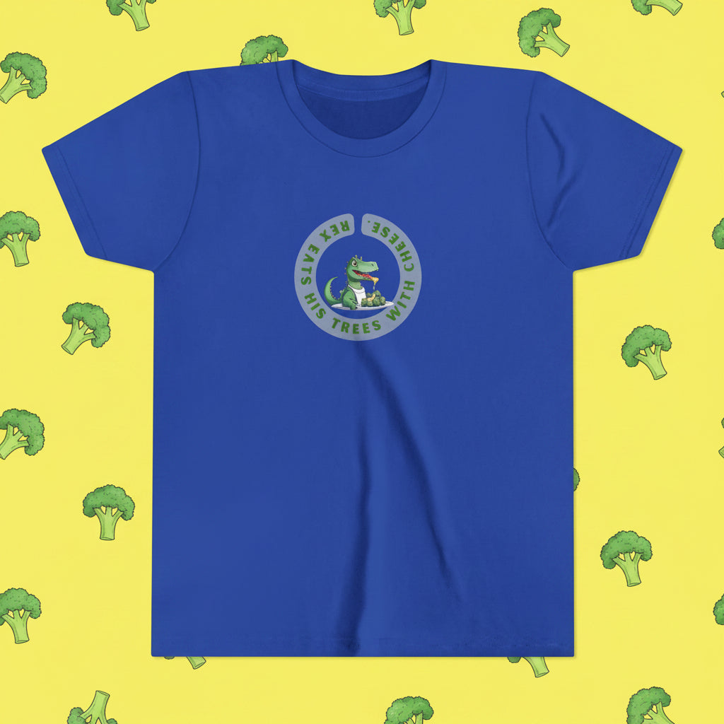 A royal blue short-sleeve crewneck t-shirt featuring a circular graphic on the chest with a green /dinosaur alligator and the text reads: Rex eats his trees with cheese.