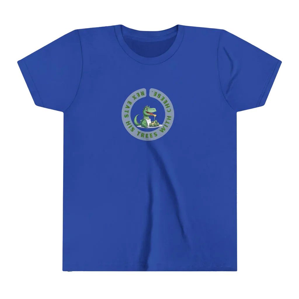 A royal blue short-sleeve crewneck t-shirt featuring a circular graphic on the chest with a green /dinosaur alligator and the text reads: Rex eats his trees with cheese.