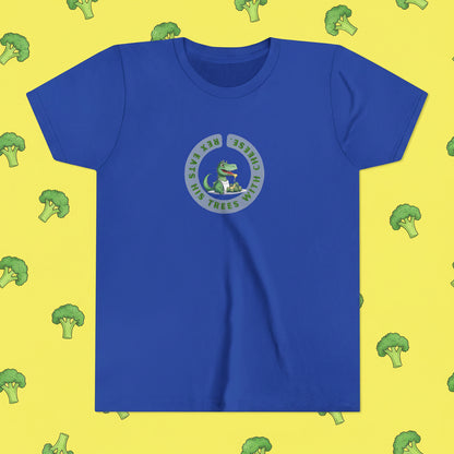 A royal blue short-sleeve crewneck t-shirt featuring a circular graphic on the chest with a green /dinosaur alligator and the text reads: Rex eats his trees with cheese.