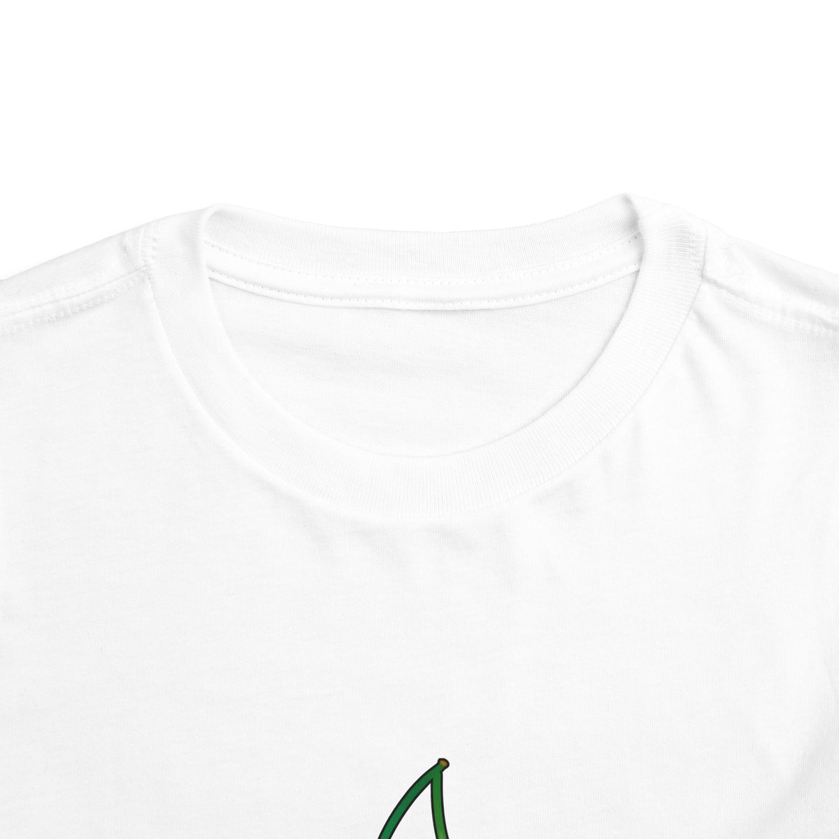 Close-up of a white crewneck t-shirt showing the inner collar and the top of a green graphic print at the bottom center.