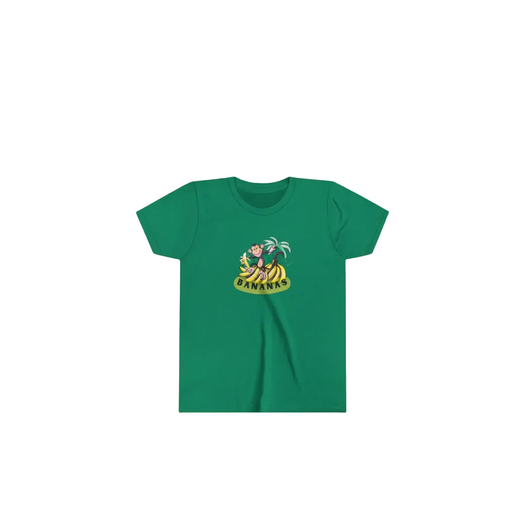 green t-shirt with graphic cartoon image of monkey on banana bunches background fun cartoon