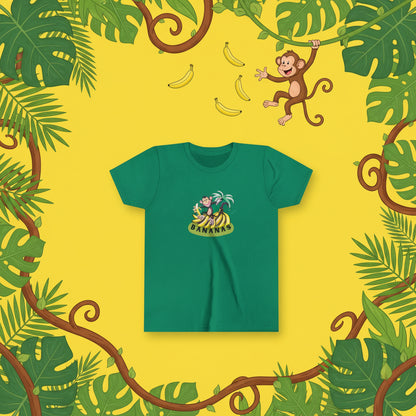 green t-shirt with graphic cartoon image of monkey on banana bunches background fun cartoon