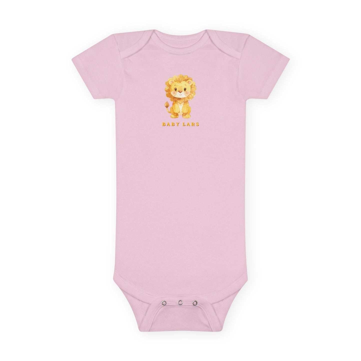 Pink baby onesie with a lion graphic and 'Baby Leo' text on a white background