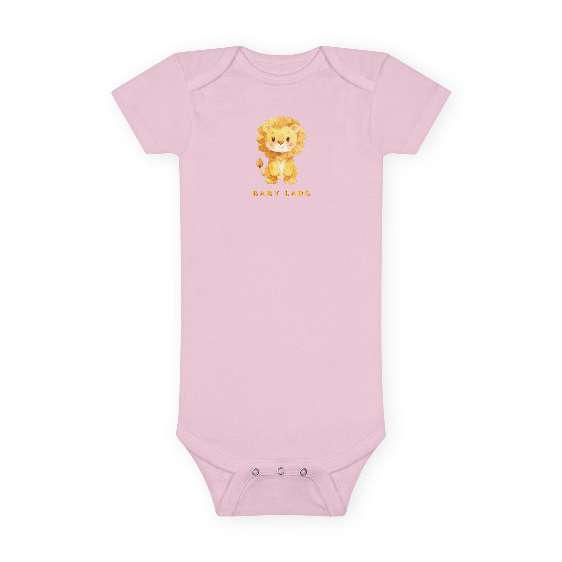 Pink baby onesie with a lion graphic and 'Baby Leo' text on a white background