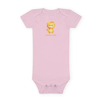 Pink baby onesie with a lion graphic and 'Baby Leo' text on a white background