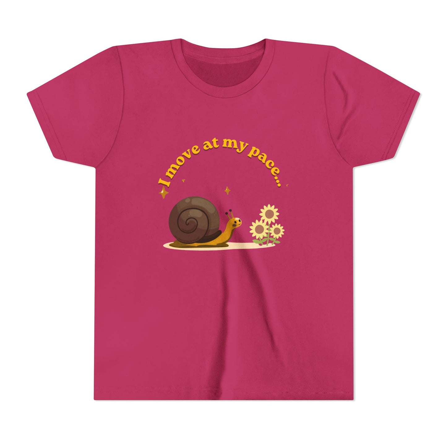 Pink t-shirt with a snail and flowers graphic and text on a white background