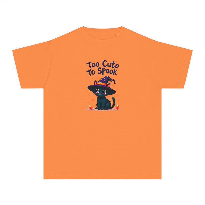 An orange short-sleeve crewneck t-shirt featuring a cartoon graphic of a cute black cat wearing a witch hat with the text 'Too Cute To Spook' printed on the chest.