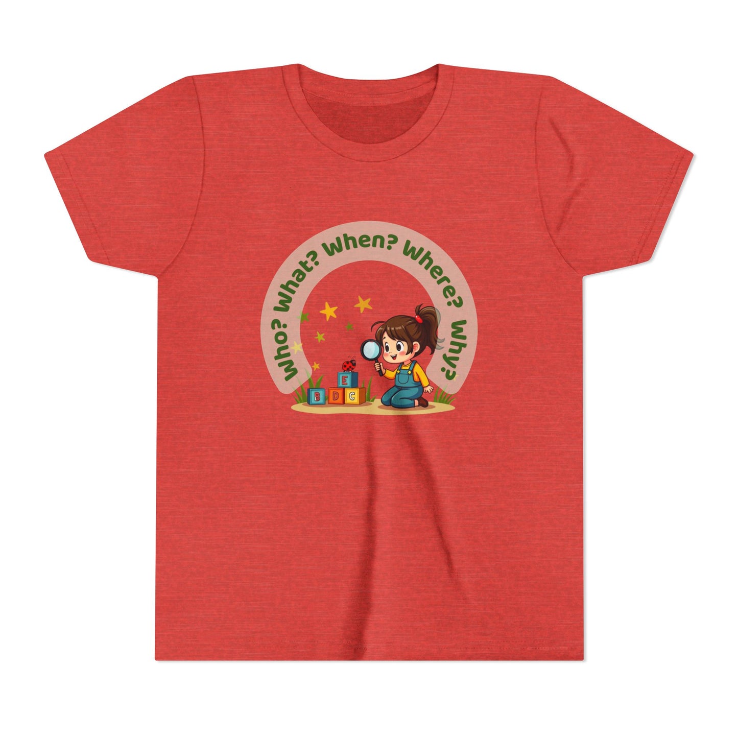 Red t-shirt with a child-themed graphic and text on a white background