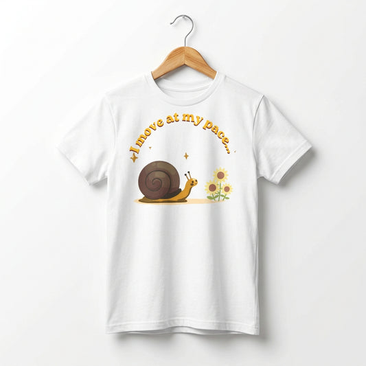 White t-shirt with a snail graphic and text on a white background