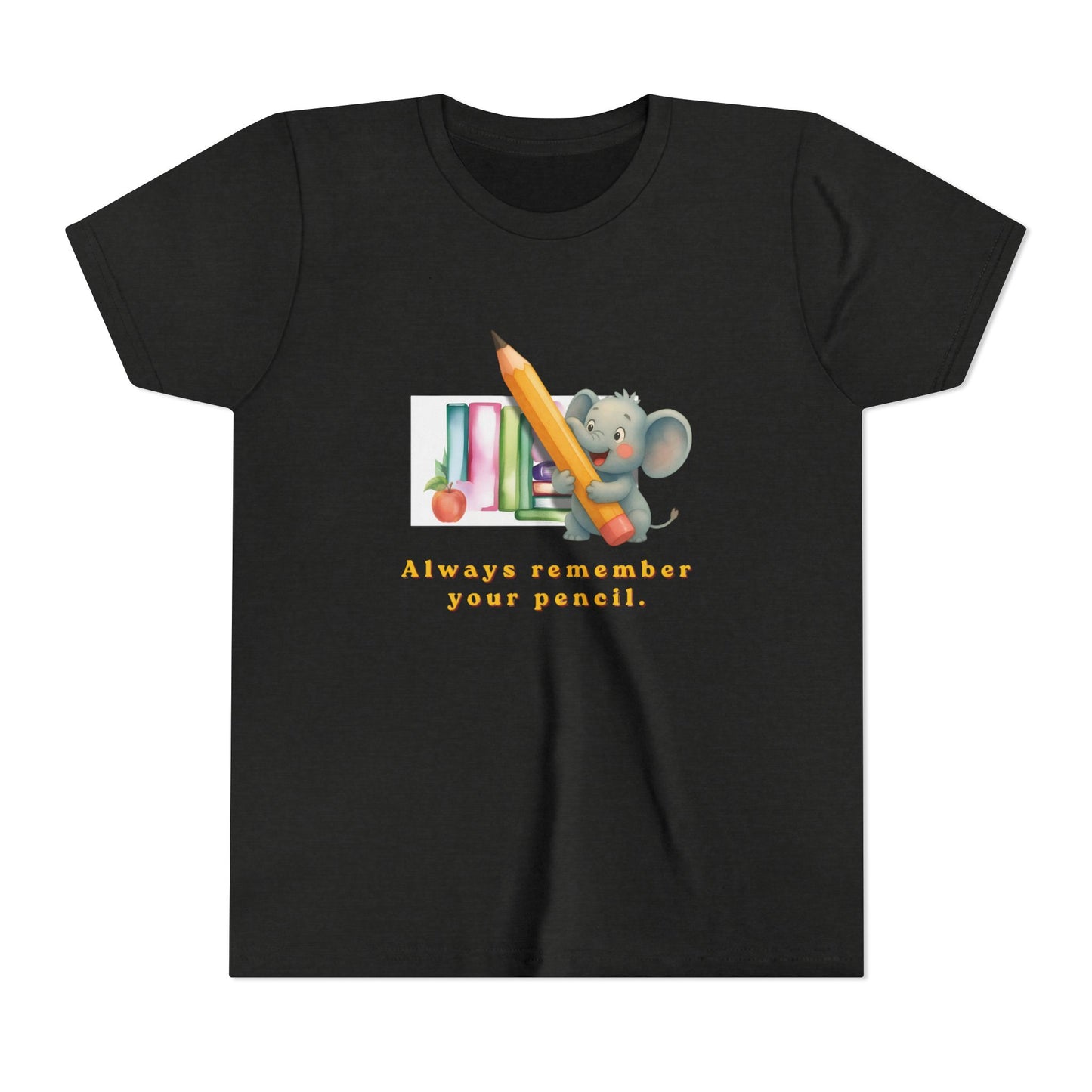 Black t-shirt with a cartoon elephant holding a pencil and text 'Always remember your pencil' on a white background.