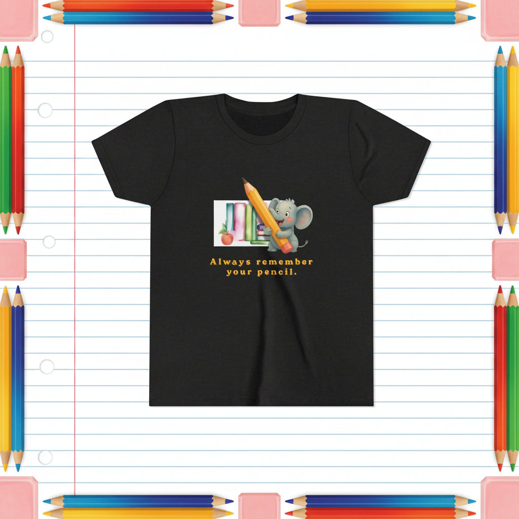 Black t-shirt with a cartoon elephant holding a pencil and text 'Always remember your pencil' on a white background.