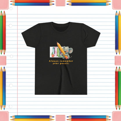 Black t-shirt with a cartoon elephant holding a pencil and text 'Always remember your pencil' on a white background.