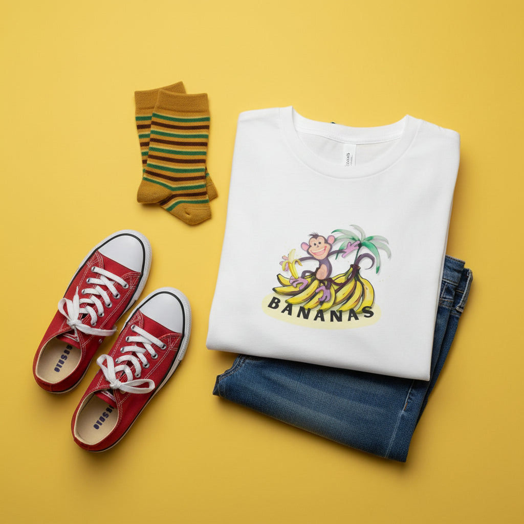 Light colored folded t-shirt ahs a mokey with a banana half peeled. The back ground is playful cartoon