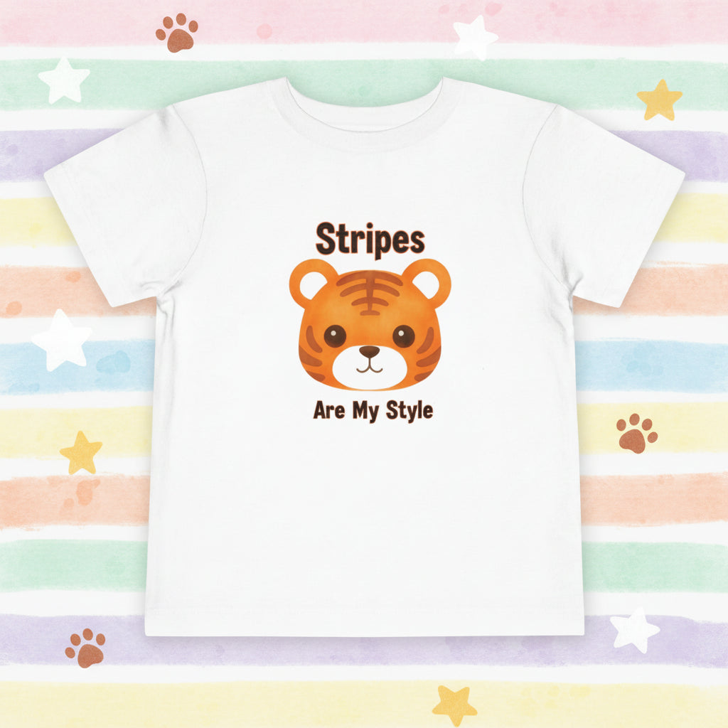White t-shirt with a tiger graphic and text 'Stripes Are My Style' on a white background