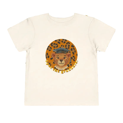 Beige , natural, t-shirt with a cheetah graphic and text on a white background