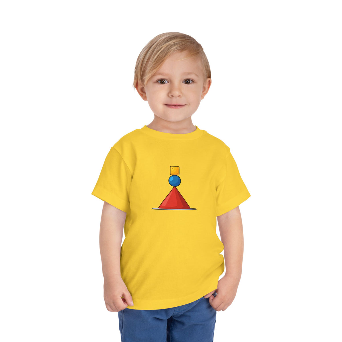 Child wearing a yellow t-shirt with colorful graphics on a white background