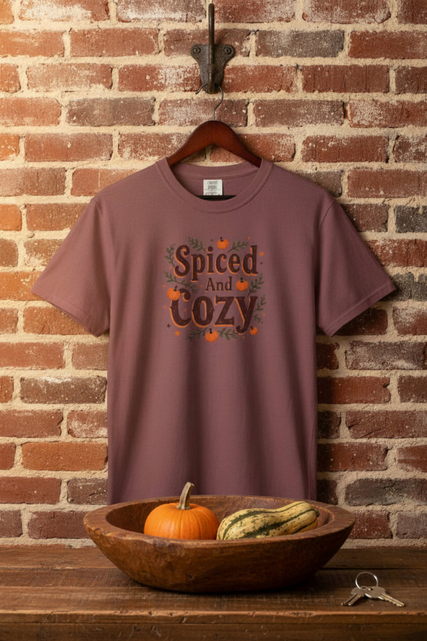A brick colored t-shirt hangs from a hook on a brick wall. A wooden bowl is below with a small pumpkin and a gourd. Malika Bourne Legacy design