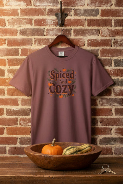 A brick colored t-shirt hangs from a hook on a brick wall. A wooden bowl is below with a small pumpkin and a gourd. Malika Bourne Legacy design