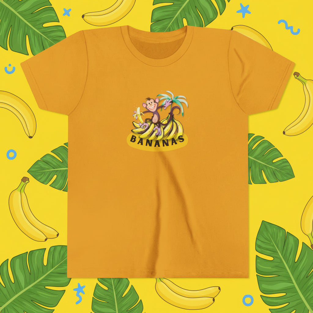 yellow mustard t-shirt with monkey eating banana graphic on cartoon background