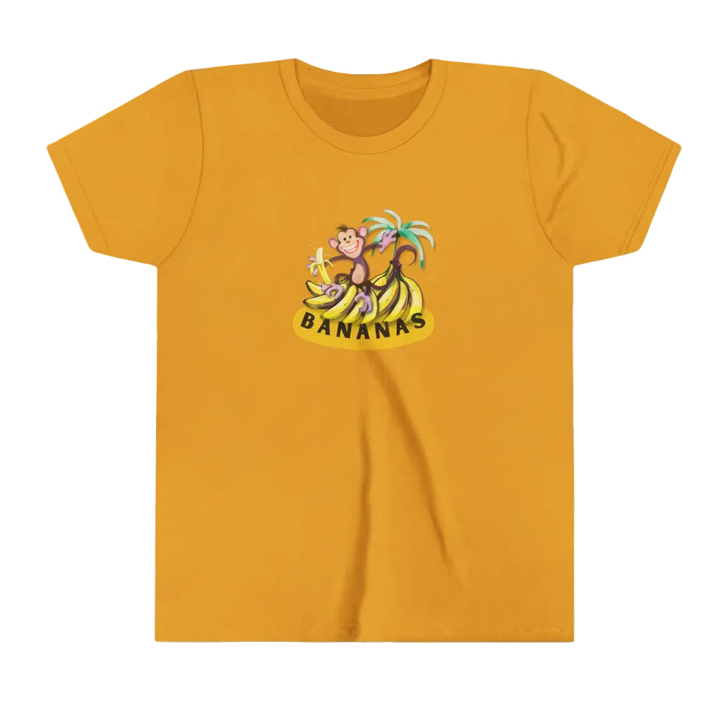 yellow mustard t-shirt with monkey eating banana graphic on cartoon background