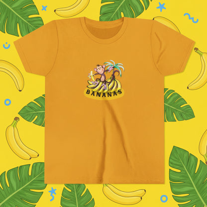 yellow mustard t-shirt with monkey eating banana graphic on cartoon background